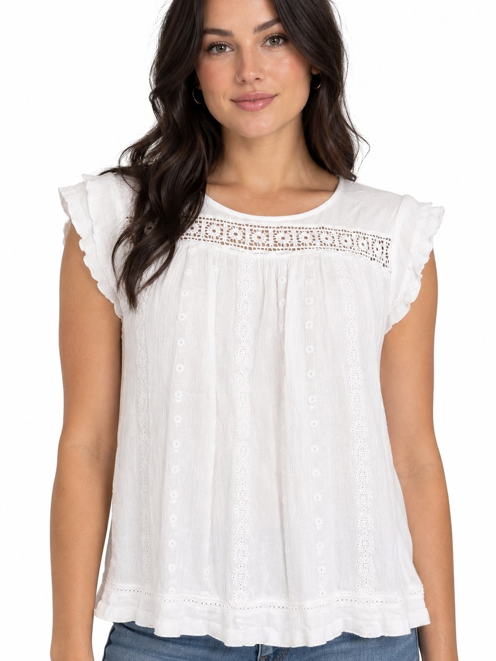 DH3 White Crochet Lace & Swiss Dot Textured Rayon Blouse M Cottagecore Coquette